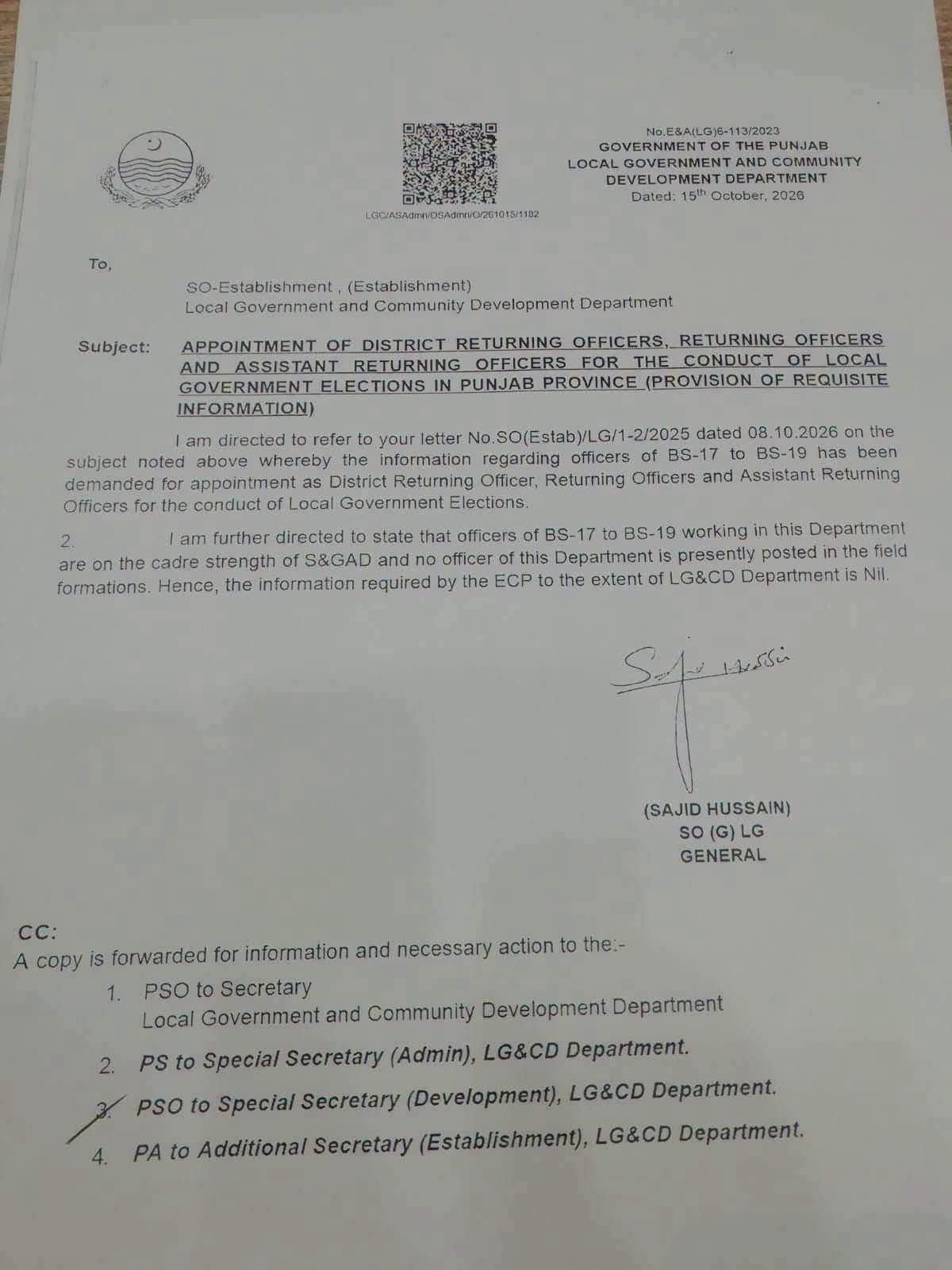 Punjab Local Government Elections 2026 – Returning Officers Notification — notification page 1